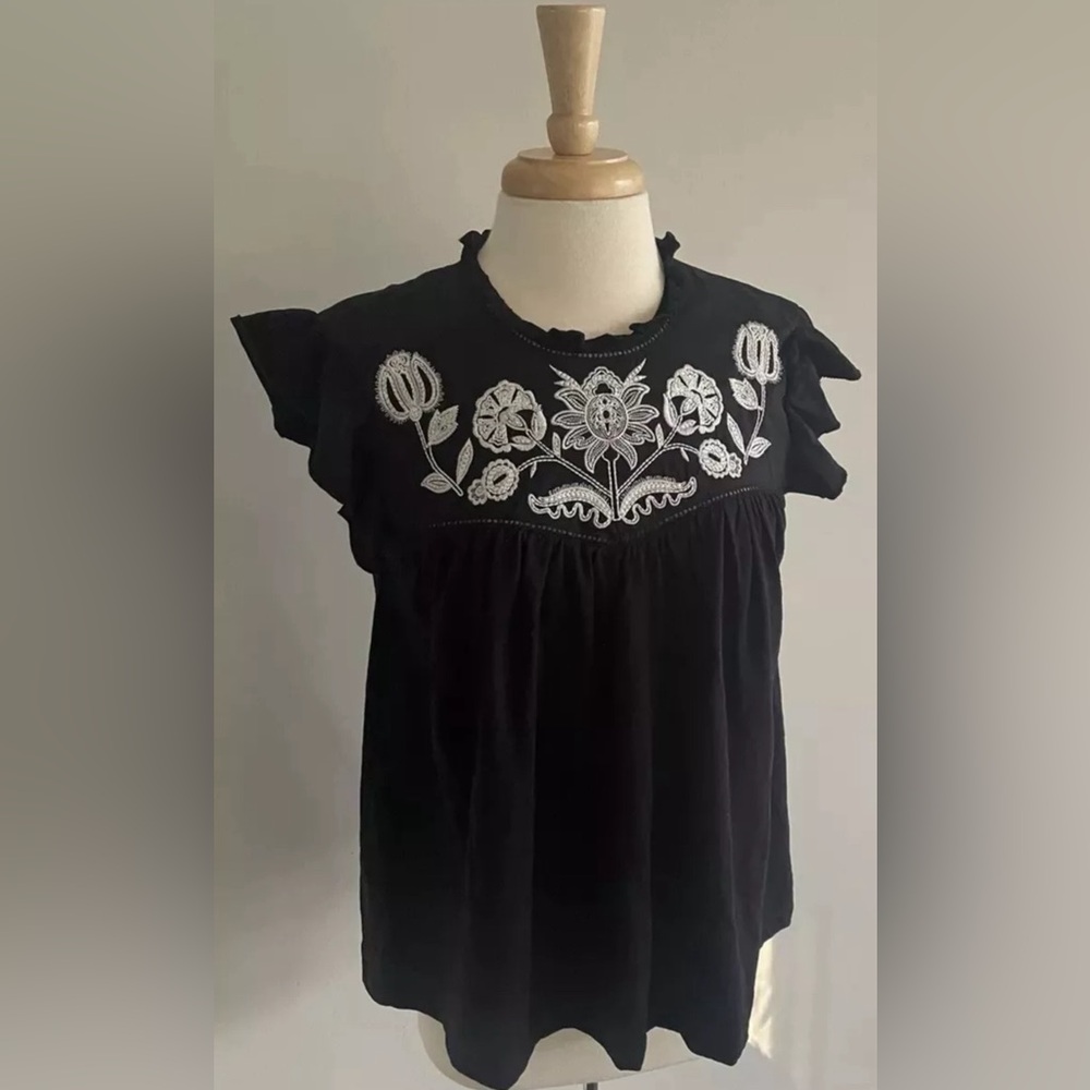 Knox Rose Women’s Boho Black Short Sleeve Embroidered Top Ties Women’s Size S